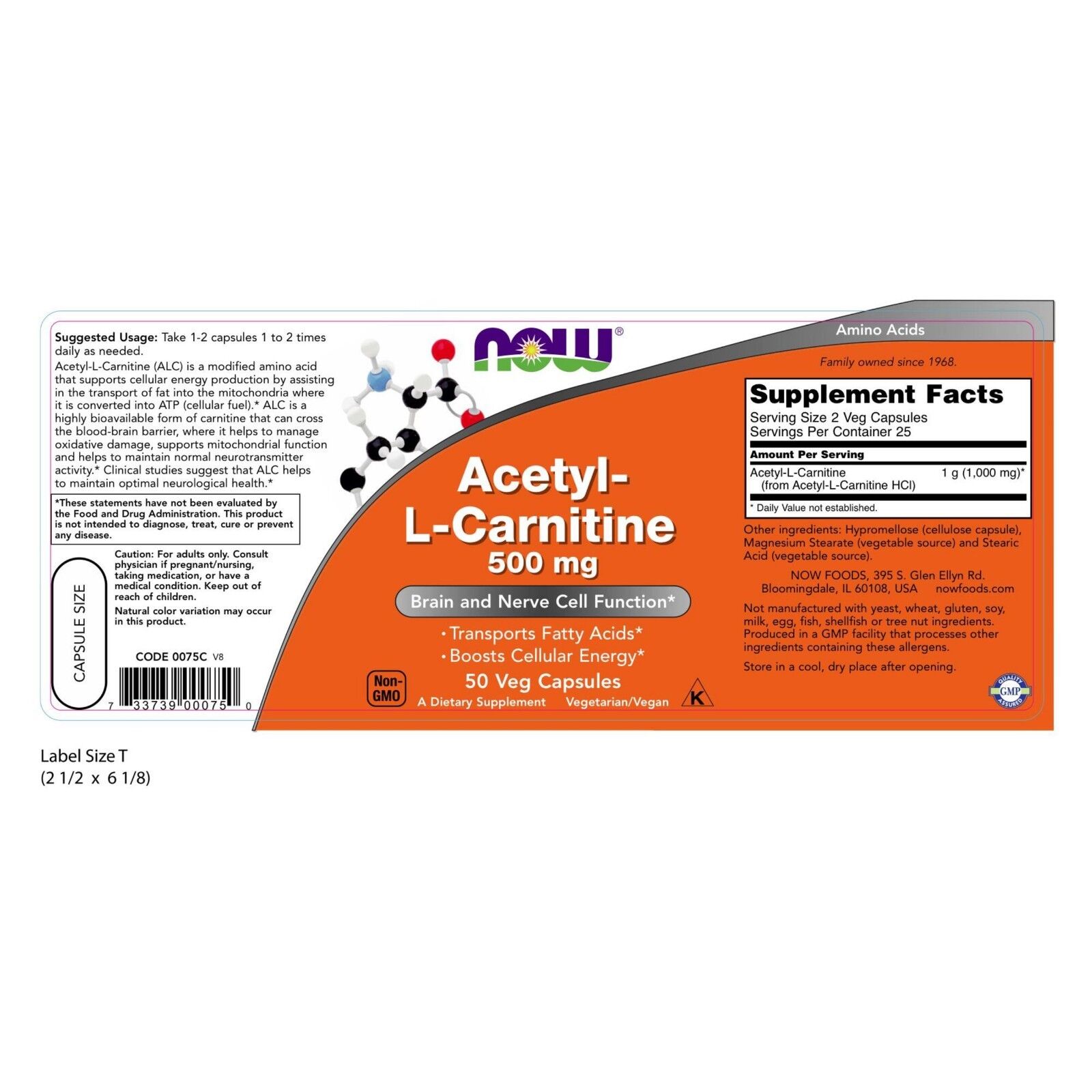 NOW Foods Acetyl-L-Carnitine, 500 mg, 50 Veg Capsules 24Hr Smart